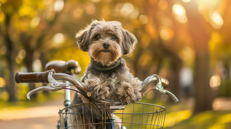 A small dog sitting in a bicycle basket as its owner rides through a scenic park.の素材