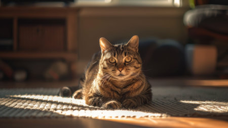 A plump cat relaxing in a patch of sunlight on the living room floor, looking completely at ease.の素材