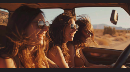 A road trip moment with friends laughing and singing in a car, driving through a desert landscape.の素材