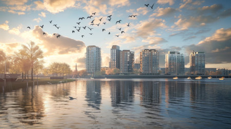 A serene river scene with tall buildings on the banks, birds flying above the water.の素材