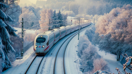 A high-speed train in a snowy winter landscape, with snow-covered trees and fields.の素材