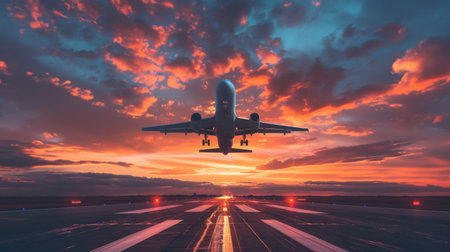 An airplane taking off against a beautiful sunset sky, symbolizing the start of a new journey.の素材