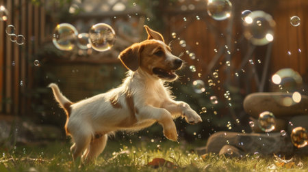 A playful puppy chasing bubbles in a backyard, jumping and having fun.の素材