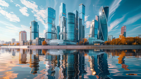 Skyscrapers standing tall beside a river, with a reflection creating a mirror effect in the water.の素材