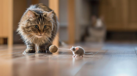 A round, fluffy cat playfully chasing a toy mouse on a hardwood floor, showing off its playful side.の素材