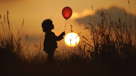 The silhouette of a child holding a balloon, standing in a field at dusk.の素材
