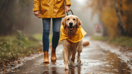 An adorable dog wearing a raincoat, happily walking in the rain with its owner.の素材