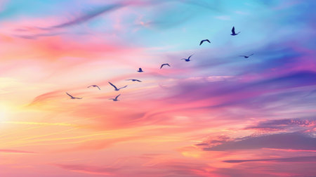Silhouettes of a flock of birds flying across a colorful sunset sky.の素材