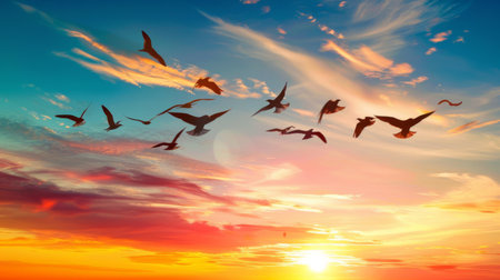 Silhouettes of a flock of birds flying across a colorful sunset sky.の素材
