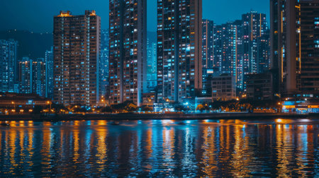 High-rise buildings illuminated at night, with lights shimmering on the river's surface.の素材