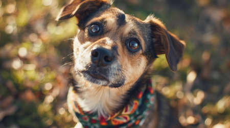 An adorable dog sitting in a sunny park, wearing a bandana and looking up at the camera with big, bright eyes.の素材