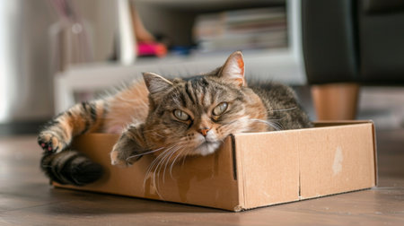An overweight cat trying to fit into a small cardboard box, with its body spilling over the edges humorouslyの素材