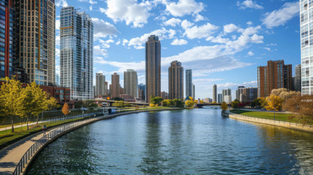 High-rise apartments and office buildings lining a scenic river, with a pedestrian walkway in the foreground.の素材