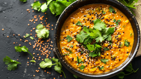 A bowl of fragrant lentil dal tadka garnished with mustard seeds, curry leaves, and fresh cilantroの素材
