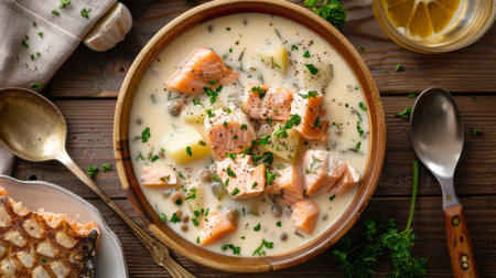 A bowl of creamy seafood chowder with chunks of salmon, cod, and potatoes, topped with parsleyの素材