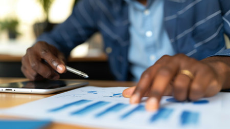 A close-up of a financial analyst pointing at a line graph during a strategic business meetingの素材