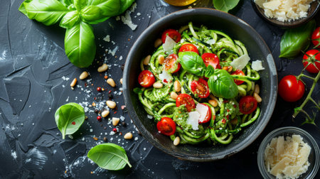 A bowl of zucchini noodles (zoodles) with cherry tomatoes, basil pesto, pine nuts, and Parmesan cheeseの素材