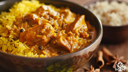 A bowl of aromatic saffron rice with whole spices, served alongside a spicy chicken curryの素材