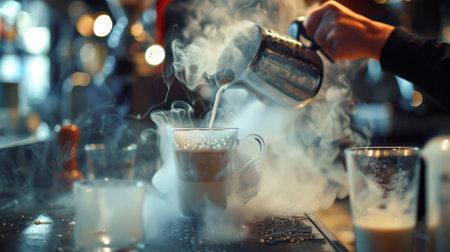 A barista steaming milk for a cappuccino, with swirling steam and bubbles in a metal pitcherの素材