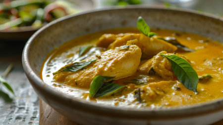 A bowl of creamy coconut fish curry with tender pieces of fish, flavored with curry leaves and coconut milkの素材