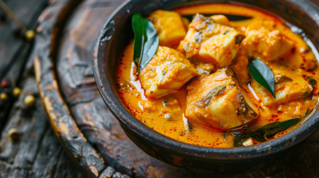 A bowl of creamy coconut fish curry with tender pieces of fish, flavored with curry leaves and coconut milkの素材
