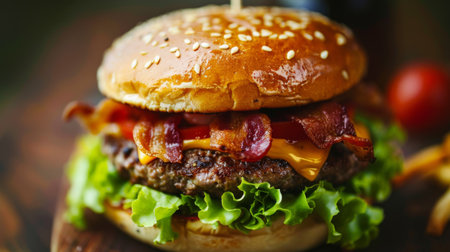 A close-up of a gourmet burger with melted cheese, lettuce, tomato, and crispy bacon on a sesame seed bunの素材