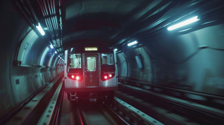 A commuter train passing through a tunnel, with lights illuminating the dark interiorの素材