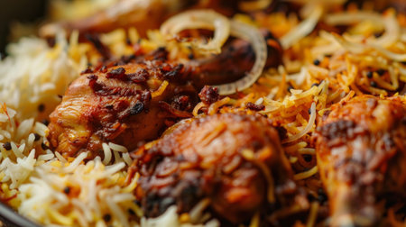 A close-up of aromatic biryani rice with tender pieces of spiced chicken and garnished with fried onionsの素材