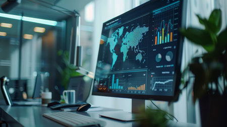 A digital screen in a corporate office showing a spider chart evaluating competitive positioning in the marketの素材