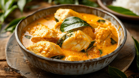 A bowl of creamy coconut fish curry with tender pieces of fish, flavored with curry leaves and coconut milkの素材
