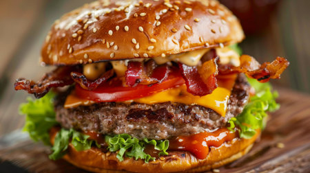 A close-up of a gourmet burger with melted cheese, lettuce, tomato, and crispy bacon on a sesame seed bunの素材
