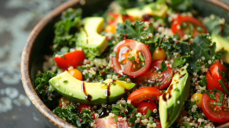 A colorful bowl of fresh kale salad topped with quinoa, cherry tomatoes, and avocado slices, drizzled with balsamic vinaigretteの素材