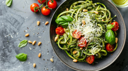 A bowl of zucchini noodles (zoodles) with cherry tomatoes, basil pesto, pine nuts, and Parmesan cheeseの素材
