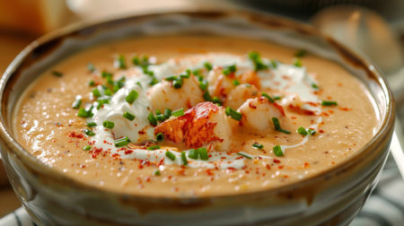A bowl of creamy lobster bisque soup garnished with chopped chives and a drizzle of creamの素材