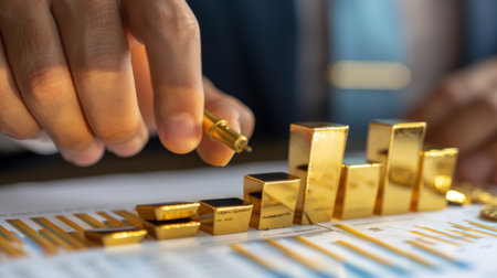 A financial analyst pointing at a bar chart showing the historical performance of gold investmentsの素材