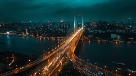 A drone aerial view of a cable-stayed bridge at night, with traffic flowing and city lights twinklingの素材