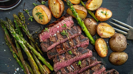 A juicy grilled steak with roasted potatoes, asparagus spears, and a red wine reduction sauceの素材