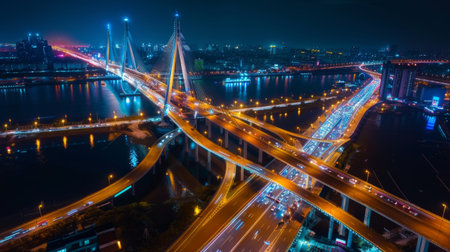 A drone aerial view of a cable-stayed bridge at night, with traffic flowing and city lights twinklingの素材