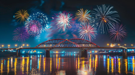A bridge illuminated by colorful fireworks in celebration, lighting up the night sky over the riverの素材