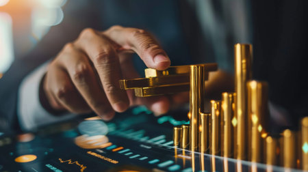 A financial analyst pointing at a bar chart showing the historical performance of gold investmentsの素材