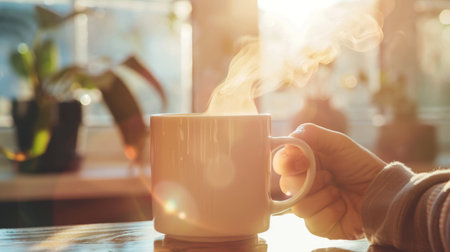 A person sipping coffee from a white porcelain mug, steam rising in the morning sunlightの素材
