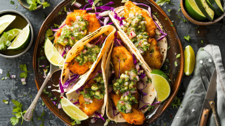 A plate of crispy fish tacos with cabbage slaw, avocado slices, lime wedges, and salsa verdeの素材