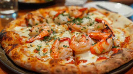 A seafood pizza with lobster tail, shrimp, scallops, and mozzarella cheese on a thin crustの素材