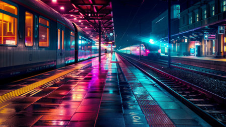 A railway station at night, with colorful lights and a train approaching the platform aの素材