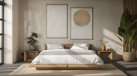 A minimalist bedroom interior with a platform bed, simple bedding, and geometric wall art in muted tonesの素材