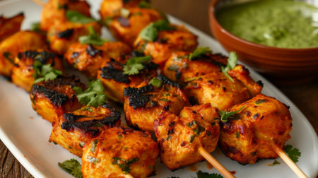 A plate of tandoori chicken tikka skewers with charred edges and served with mint chutneyの素材