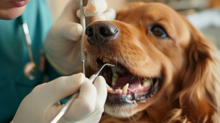 A pet dentist performing a dental cleaning on a dog, using specialized tools and equipmentの素材