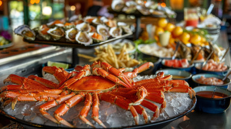 A seafood buffet with crab legs, oysters, shrimp cocktail, and a variety of dipping saucesの素材
