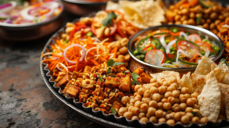 A platter of colorful Indian street food snacks including bhel puri, papdi chaat, and pani puriの素材