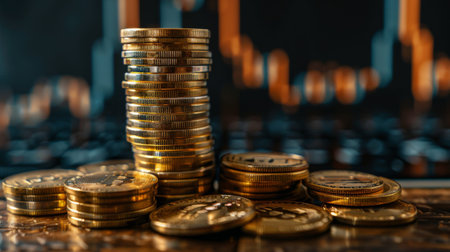 A stack of gold coins on a wooden table, with a candlestick chart graphically depicting market trendsの素材